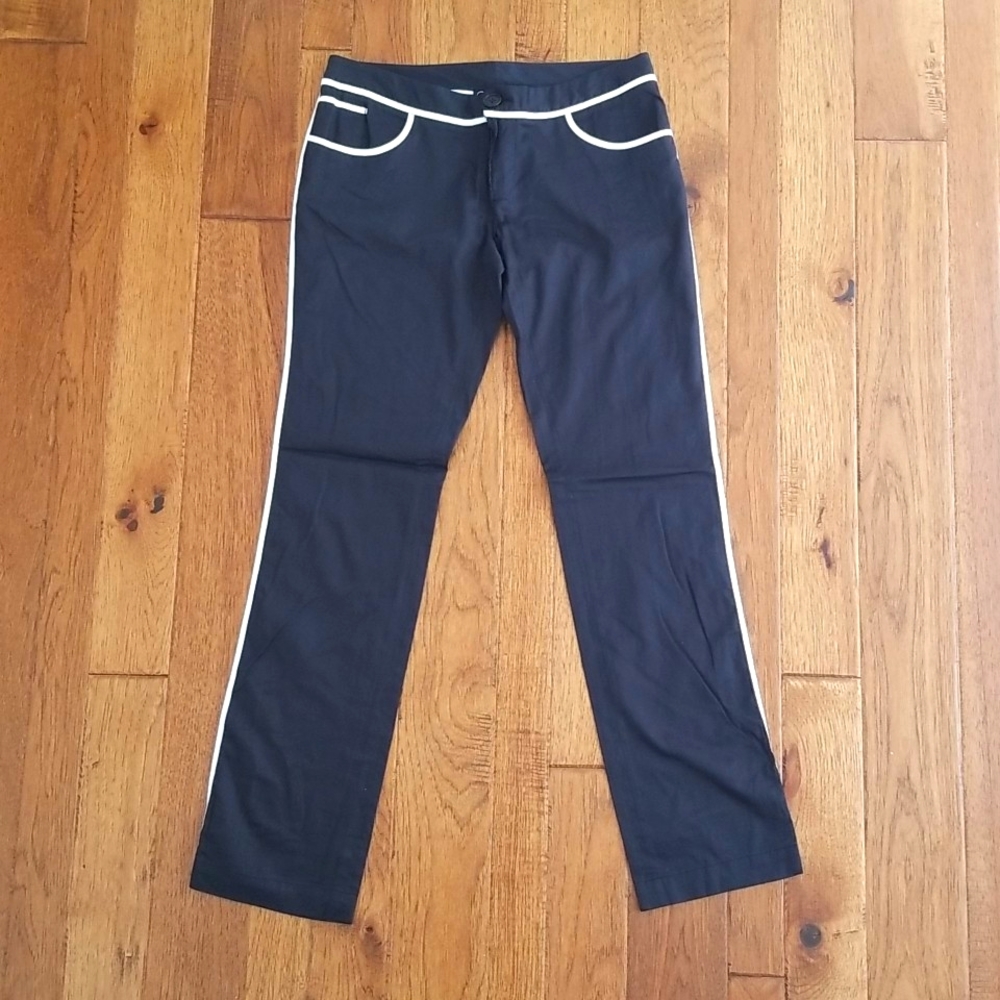 Cynthia Rowley Straight Leg Black Pants w White Stripe Down sides, white piping